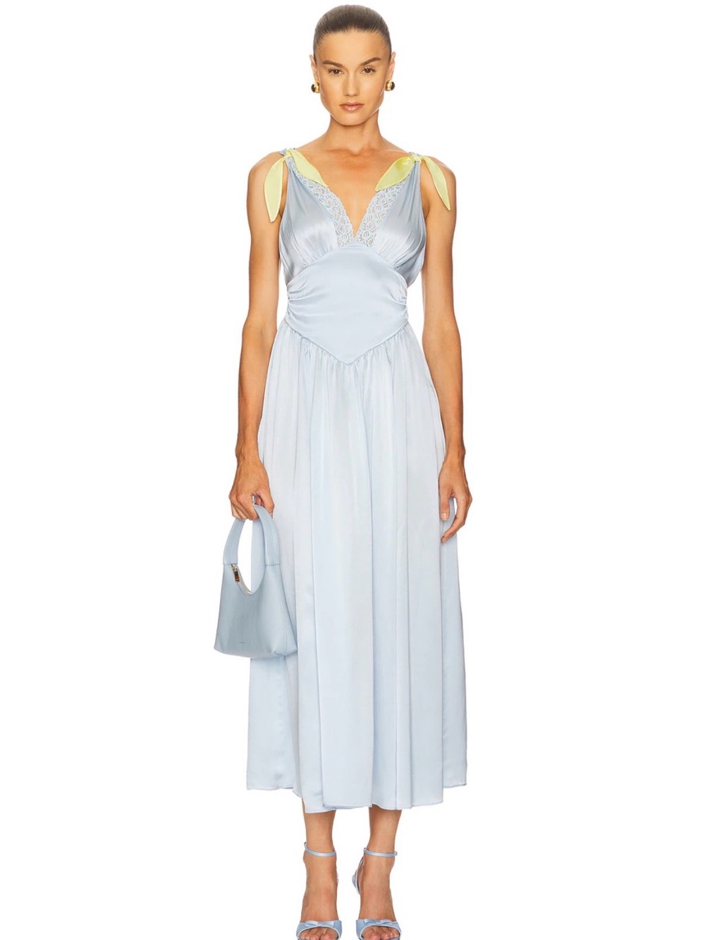 HELSA Pale Blue Lace-Trim Slip 100% Silk Dress with Yellow Strap Accent - Picture 2 of 7
